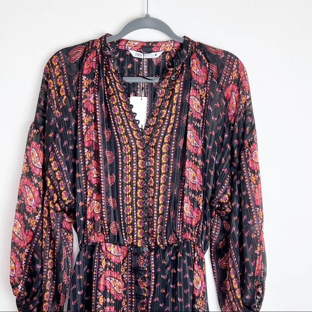 New Zara Paisley Blousy Mini Dress XS Balloon Sleeves Black - Picture 4 of 8